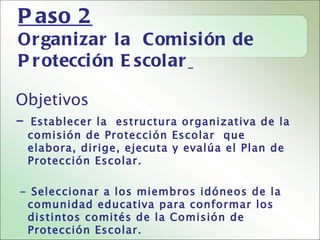 P aso 2
Or gani zar la Comi si ón de
P r otecci ón E scolar

Objetivos
-   Establecer la estructura organizativa de la
    comisión de Protección Escolar que
    elabora, dirige, ejecuta y evalúa el Plan de
    Protección Escolar.

- Seleccionar a los miembros idóneos de la
 comunidad educativa para conformar los
 distintos comités de la Comisión de
 Protección Escolar.
 