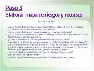 Paso 3
E laborar mapa de riesgos y recursos.
                                     Guía de Preguntas

•   ¿Existe peligro de derrumbe en alguna pared, techo, escaleras o muro de la escuela?
•   ¿Las puertas de salida se pueden abrir con facilidad?
•   ¿Existe peligro de incendio en las instalaciones y/o en sus alrededores?
•   ¿Existe riesgo de inundación por falta de drenajes apropiados, o por quebradas y ríos
    cercanos que se salen de sus cauces?
•   ¿El centro, se encuentra ubicado en las cercanías de un volcán activo?
•   ¿Las salidas, corredores son apropiados para la circulación rápida en caso de evacuación?
•   ¿Se acuerdan la última vez que se inundó la escuela? ¿En que época se da este problema?
•   ¿Ha habido enfermedades que afectaron a gran cantidad de alumnos/as y al personal
    docente?, ¿Qué tipo de enfermedades?, ¿Estaba aquí el foco infeccioso?
•    ¿El centro educativo está ubicado cerca de carreteras de tráfico pesado?
•   ¿Existen señales de seguridad vial?
•   ¿Con qué periodicidad o regularidad se dan de problemas de maras?, Otras.
 