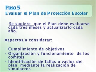 Paso 5
E val uar el P lan de P r otecci ón E scol ar

 Se sugiere que el Plan debe evaluarse
 cada tres meses y actualizarlo cada
 año.

Aspectos a considerar:

• Cumplimiento de objetivos
• Organización y funcionamiento de los
  comités
• Identificación de fallas o vacíos del
  plan mediante la realización de
  simulacros
 