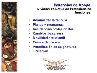 Instancias de Apoyo   División de Estudios Profesionales funciones   Administrar la retícula Planes y programas Residencias profesionales Cambios de carrera Movilidad estudiantil Cursos de verano Acreditación de asignaturas Titulación 