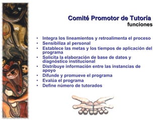 Comité Promotor de Tutoría  funciones Integra los lineamientos y retroalimenta el proceso Sensibiliza al personal Establece las metas y los tiempos de aplicación del programa Solicita la elaboración de base de datos y diagnóstico institucional Distribuye información entre las instancias de apoyo Difunde y promueve el programa Evalúa el programa Define número de tutorados  