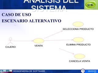ANÁLISIS DEL
             SISTEMA
CASO DE USO
ESCENARIO ALTERNATIVO
                                SELECCIONA PRODUCTO




                     VENTA        ELIMINA PRODUCTO
 CAJERO




                                   CANCELA VENTA



     REINGENIERIA DE SOFTWARE               19   28/03/20
 