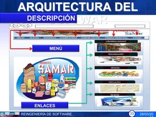 ARQUITECTURA DEL
     SOFTWAR
 DESCRIPCIÓN



             MENÚ




      ENLACES
REINGENIERÍA DE SOFTWARE   33   28/03/20
 