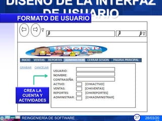 DISEÑO DE LA INTERFAZ
        DE USUARIO
  FORMATO DE USUARIO




   CREA LA
  CUENTA Y
 ACTIVIDADES



  REINGENIERÍA DE SOFTWARE   37   28/03/20
 