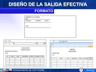 DISEÑO DE LA SALIDA EFECTIVA
                       FORMATO
          NOMBRE DE LA TIENDA:
          RFC:
          Producto      cantidad   precio


          Total




 REINGENIERÍA DE SOFTWARE                   38   28/03/20
 
