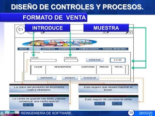 DISEÑO DE CONTROLES Y PROCESOS.
  FORMATO DE VENTA
       INTRODUCE             MUESTRA




  REINGENIERÍA DE SOFTWARE             39   28/03/20
 