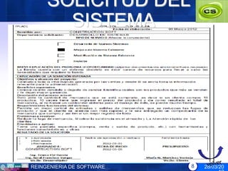 SOLICITUD DEL
       SISTEMA




REINGENIERIA DE SOFTWARE   8   28/03/20
 