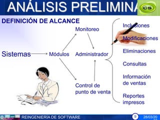 ANÁLISIS PRELIMINAR
DEFINICIÓN DE ALCANCE
                                           Inclusiones
                          Monitoreo
                                           Modificaciones

                                           Eliminaciones
Sistemas        Módulos   Administrador
                                           Consultas

                                           Información
                          Control de       de ventas
                          punto de venta
                                           Reportes
                                           impresos

     REINGENIERÍA DE SOFTWARE                  9   28/03/20
 