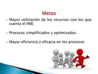  Mayor utilización de los recursos con los que 
cuenta el INIE. 
 Procesos simplificados y optimizados. 
 Mayor eficiencia y eficacia en los procesos 
 