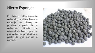 Hierro Esponja:
El hierro directamente
reducido, también llamada
esponja de hierro, se
produce a partir de la
reducción directa de
mineral de hierro por un
gas reductor producido a
partir de gas natural o
carbón.
 