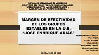 MARGEN DE EFECTIVIDAD
DE LOS GRUPOS
ESTABLES EN LA U.E.
“JOSÉ ENRRIQUE ARIAS” INTEGRANTES DEL GRUPO:
RIVAS PAOLA
DÁVILA YOLIMAR
DÁVILA ERICK
CONTRERAS CARLOS
SÁNCHEZ JENNIFER
MOLINA HEIDY
REPUBLICA BOLIVARIANA DE VENEZUELA
MINISTERIO DEL PODER POPULAR PARA LA EDUCACION
UNIDAD EDUCATIVA «JOSÉ ENRIQUE ARIAS »
EJIDO,ESTADO BOLIVARIANO DE MERIDA
EJIDO, JUNIO DE 2018
 