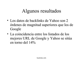 Algunos resultados Los datos de backlinks de Yahoo son 2 órdenes de magnitud superiores que los de Google La coincidencia entre los listados de los mejores URL de Google y Yahoo se sitúa en torno del 14% 