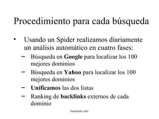 Procedimiento para cada búsqueda Usando un Spider realizamos diariamente un análisis automático en cuatro fases: Búsqueda en  Google  para localizar los 100 mejores dominios  Búsqueda en  Yahoo  para localizar los 100 mejores dominios  Unificamos   las dos listas Ranking de  backlinks  externos de cada dominio 