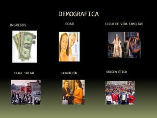 DEMOGRAFICAEDADCICLO DE VIDA FAMILIARINGRESOSORIGEN ÉTICOOCUPACIÓNCLASE SOCIAL