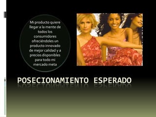 Mi producto quiere llegar a la mente de todos los consumidores ofreciéndoles un producto innovado de mejor calidad y a precios disponibles para todo mi mercado metaPOSECIONAMIENTO ESPERADO