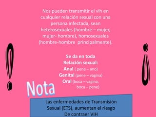 Nos pueden transmitir el vih en
cualquier relación sexual con una
persona infectada, sean
heterosexuales (hombre – mujer,
mujer- hombre), homosexuales
(hombre-hombre principalmente).
Se da en toda
Relación sexual:
Anal ( pene – ano)
Genital (pene – vagina)
Oral (boca – vagina,
boca – pene)
Las enfermedades de Transmisión
Sexual (ETS), aumentan el riesgo
De contraer VIH
 