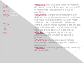Machina,    una grúa que daba la impresión
Ele     Había varios
        elementos            de que un actor volaba (que por eso recibió
me      escénicos de uso
        común en el teatro
                             el nombre de theologheion o deus ex
                             machina).
nto     griego:              Ekkyklema, una plataforma rodante con
                             distintos usos: podía ser usada para subirse a
s                            ella y que los espectadores tuviesen mejor
                             visibilidad del actor, o usarla para hacer
aux                          entrar a los personajes muertos, si era el caso.
                             Trampillas o aberturas similares en el suelo
iliar                        para sacar a la gente en el escenario.
es                           Pinakes, imágenes colgadas en la
                             paraskenia para simular una escena o
                             paisaje.
                             Thyromata, imágenes más complejas
                             situadas a la altura del segundo piso de la
                             paraskenia.
                             Periaktoi, pantallas giratorias para cambiar
                             de decorado.
 