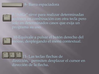           8- Barra espaciadora

   9-"AltGr" sirve para realizar determinadas
    acciones en combinación con otra tecla pero
    solo en determinados casos que exija un
    programa su uso.

    10-Equivale a pulsar el botón derecho del
    mouse, desplegando el menú contextual.


         11- Las teclas flechas de
    dirección, permiten desplazar el cursor en
    dirección de la flecha.
 