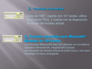 Data de 1987, cuenta con 101 teclas, utiliza
 el conector PS/2, y cuenta con la disposición
 de teclas del teclado actual:



4.- Teclado extendido para Microsoft®
Windows de 104 teclas
Lo introduce Microsoft® para ser utilizado con el sistema
operativo Windows 98, integrándole 2 teclas
para acceder de manera directa al botón Inicio y otro para
desplegar el menú emergente.
 