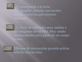 1-Corresponde a la tecla
Esc permite cancelar una acción,
evento o proceso que estemos
haciendo.

  2- Tecla de tabulador muy similar a
las maquinas de escribir. Muy usado
en formularios para pasar de un campo
a otro.

3Bloque de mayúsculas permita activar
solo las mayúsculas.
 