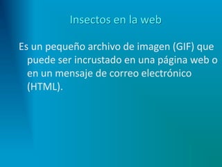 Insectos en la web
Es un pequeño archivo de imagen (GIF) que
puede ser incrustado en una página web o
en un mensaje de correo electrónico
(HTML).
 