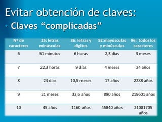 Evitar obtención de claves:
• Claves “complicadas”
 