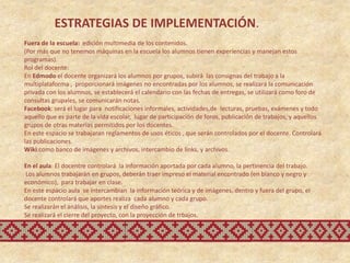ESTRATEGIAS DE IMPLEMENTACIÓN.
Fuera de la escuela: edición multimedia de los contenidos.
(Por más que no tenemos máquinas en la escuela los alumnos tienen experiencias y manejan estos
programas).
Rol del docente:
En Edmodo el docente organizará los alumnos por grupos, subirá las consignas del trabajo a la
multiplataforma , proporcionará imágenes no encontradas por los alumnos, se realizará la comunicación
privada con los alumnos, se establecerá el calendario con las fechas de entregas, se utilizará como foro de
consultas grupales, se comunicarán notas.
Facebook: será el lugar para notificaciones informales, actividades,de lecturas, pruebas, exámenes y todo
aquello que es parte de la vida escolar, lugar de participación de foros, publicación de trabajos, y aquellos
grupos de otras materias permitidos por los docentes.
En este espacio se trabajaran reglamentos de usos éticos , que serán controlados por el docente. Controlará
las publicaciones.
Wiki:como banco de imágenes y archivos, intercambio de links, y archivos.

En el aula: El docentre controlará la información aportada por cada alumno, la pertinencia del trabajo.
Los alumnos trabajarán en grupos, deberán traer impreso el material encontrado (en blanco y negro y
económico), para trabajar en clase.
En este espacio aula se intercambian la información teórica y de imágenes, dentro y fuera del grupo, el
docente controlará que aportes realiza cada alumno y cada grupo.
Se realizarán el análisis, la síntesis y el diseño gráfico.
Se realizará el cierre del proyecto, con la proyección de trbajos.
 