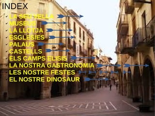 INDEX
✔ LA SEU VELLA
✔ MUSEUS
✔ LA LLOTJA
✔ ESGLESIES
✔ PALAUS
✔ CASTELLS
✔ ELS CAMPS ELISIS
✔ LA NOSTRA GASTRONOMIA
✔ LES NOSTRE FESTES
✔ EL NOSTRE DINOSAURI