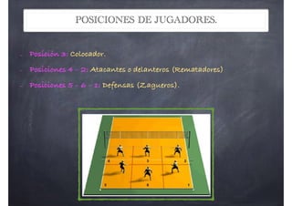 POSICIONES DE JUGADORES.
- Posición 3: Colocador.
- Posiciones 4 – 2: Atacantes o delanteros (Rematadores)
- Posiciones 5 – 6 – 1: Defensas (Zagueros).
gue 1 punto:
o el equipo contrario no devuelve el balón.
o conseguimos que bote en el campo contrario.
o el balón bota fuera tras toque del contrario.
o un equipo da más de tres toques en la misma jugada (sin contar el
eo).
o un jugador da dos toques consecutivos. Un jugador puede dar dos
s en la misma jugada si lo hace de forma alternativa, es decir, si le da
mer y el tercer toque.
Posiciones de los jugadores:
ón 3: Colocador
ones 4 – 2:
s o delanteros (Rematadores)
ones 5 – 6 – 1:
(Zagueros).
 