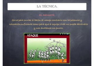 LA TÉCNICA.
EL REMATE:
Sirve para enviar el balón al campo contrario con la potencia y
colocaciónsuficiente como para que el equipo rival no pueda devolverlo
y nos anotemos un punto.
Proyectosef.wordpress.com Andrés Mateo Mar
10.4 EL REMATE:
Sirve para enviar el balón al campo contrario con la potencia y
suficiente como para que el equipo rival no pueda devolverlo y nos a
punto.
Posición bás
de golpear: Es muy
coordinar la carrera
con el golpeo, llevar
arriba y atrás p
impulso. El brazo lib
golpea) va hacia abaj
que el otro brazo
golpeo del balón.!
bolbol
 