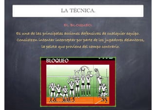 LA TÉCNICA.
EL BLOQUEO:
Es una de las principales acciones defensivas de cualquier equipo.
Consisteen intentar interceptar por parte de los jugadores delanteros,
la pelota que proviene del campo contrario.
que el otro brazo realice el
golpeo del balón.!
peo: Se golpea cuando la pelota alcanza su máxima altura. Es
olpear al balón en su parte superior para que la trayectoria del
arriba hacia abajo, siempre que la altura a la que se encuentre lo
UEO:
las principales acciones defensivas de cualquier equipo. Consiste
nterceptar por parte de los jugadores delanteros, la pelota que
ampo contrario.
ón básica antes de
r: Es muy importante la
ción adecuada en la zona
red más precisa para
r esta acción las
unos 90º para después
rse y los dos brazos al
y elevados a la altura de
mbros.
 