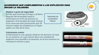 Mechas o guías de seguridad
Son las que trasmiten el fuego o la llama
después del encendido hasta el
fulminante con el fin de provocar la
explosión. El encendido de estas mechas
es la causa que esta provocando que 28
mineros según las estadísticas no hayan
salido con vida de la mina.
Fulminante común
El fulminante es una capsula cilíndrica de aluminio cerrada
en un extremo, en cuya interior lleva una cantidad de
explosivo muy sensible a la dinamita, en el otro extremo se
introduce la mecha o guía.
ACCESORIOS QUE COMPLEMENTAN A LOS EXPLOSIVOS PARA
INICIAR LA VOLADURA
Velocidad de
combustión
140s/m
 