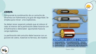 CEBOS.
Comprende la combinación de un cartucho de
dinamita con fulminante y la guía de seguridad. Se
emplea para iniciar a los explosivos.
Se deben tener especial cuidado que al colocar el
cebo al interior de la perforación debe hacerse con
el fulminante o detonador apuntando hacia la
carga explosiva.
La perforación del cartucho debe hacerse con un
punzón de cobre, material no ferroso, de madera
Fuente: EXSA
 