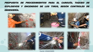 PROPUESTA DE PROCEDIMIENTOS PARA EL CARGUÍO, TAQUEO DE
EXPLOSIVOS Y ENCENDIDO DE LOS TIROS, SEGÚN CONTROLES DE
INGENIERÍA.
Fuente: SENAGIOMIN
 
