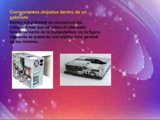 Componentes alojados dentro de un
gabinete
Dentro del gabinete se encuentran los
componentes que permiten el adecuado
funcionamiento de la computadora: en la figura
siguiente se presenta una distribución general
de los mismos.
 