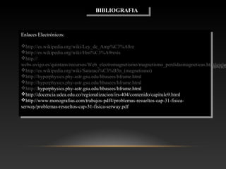 BIBLIOGRAFIABIBLIOGRAFIA
Enlaces Electrónicos:
http://es.wikipedia.org/wiki/Ley_de_Amp%C3%A8re
http://es.wikipedia.org/wiki/Hist%C3%A9resis
http://
webs.uvigo.es/quintans/recursos/Web_electromagnetismo/magnetismo_perdidasmagneticas.htm#ciclo
http://es.wikipedia.org/wiki/Saturaci%C3%B3n_(magnetismo)
http://hyperphysics.phy-astr.gsu.edu/hbasees/hframe.html
http://hyperphysics.phy-astr.gsu.edu/hbasees/hframe.html
http://hyperphysics.phy-astr.gsu.edu/hbasees/hframe.html
http://docencia.udea.edu.co/regionalizacion/irs-404/contenido/capitulo9.html
http://www.monografias.com/trabajos-pdf4/problemas-resueltos-cap-31-fisica-
serway/problemas-resueltos-cap-31-fisica-serway.pdf
Enlaces Electrónicos:
http://es.wikipedia.org/wiki/Ley_de_Amp%C3%A8re
http://es.wikipedia.org/wiki/Hist%C3%A9resis
http://
webs.uvigo.es/quintans/recursos/Web_electromagnetismo/magnetismo_perdidasmagneticas.htm#ciclo
http://es.wikipedia.org/wiki/Saturaci%C3%B3n_(magnetismo)
http://hyperphysics.phy-astr.gsu.edu/hbasees/hframe.html
http://hyperphysics.phy-astr.gsu.edu/hbasees/hframe.html
http://hyperphysics.phy-astr.gsu.edu/hbasees/hframe.html
http://docencia.udea.edu.co/regionalizacion/irs-404/contenido/capitulo9.html
http://www.monografias.com/trabajos-pdf4/problemas-resueltos-cap-31-fisica-
serway/problemas-resueltos-cap-31-fisica-serway.pdf
 