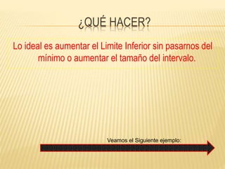 ¿QUÉ HACER?
Lo ideal es aumentar el Limite Inferior sin pasarnos del
mínimo o aumentar el tamaño del intervalo.
Veamos el Siguiente ejemplo:
 
