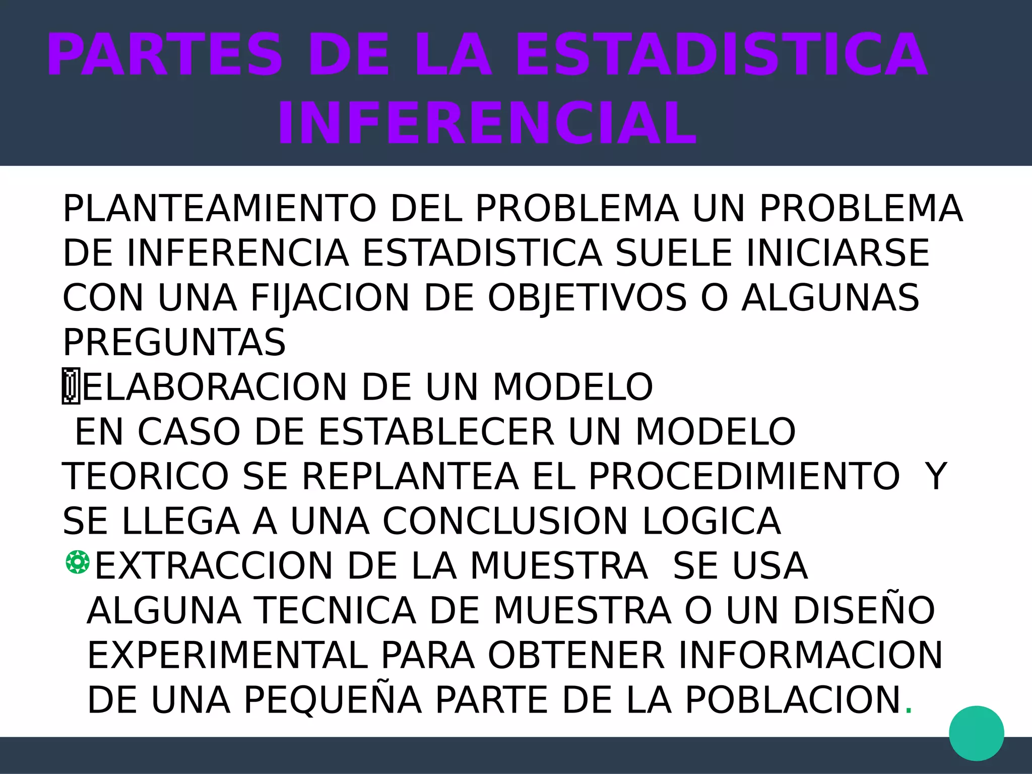 PARTES DE LA ESTADISTICA
INFERENCIAL
PLANTEAMIENTO DEL PROBLEMA UN PROBLEMA
DE INFERENCIA ESTADISTICA SUELE INICIARSE
CON UNA FIJACION DE OBJETIVOS O ALGUNAS
PREGUNTAS
ELABORACION DE UN MODELO
EN CASO DE ESTABLECER UN MODELO
TEORICO SE REPLANTEA EL PROCEDIMIENTO Y
SE LLEGA A UNA CONCLUSION LOGICA
EXTRACCION DE LA MUESTRA SE USA
ALGUNA TECNICA DE MUESTRA O UN DISEÑO
EXPERIMENTAL PARA OBTENER INFORMACION
DE UNA PEQUEÑA PARTE DE LA POBLACION.