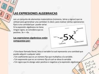 LAS EXPRESIONES ALGEBRAICAS
son un conjunto de elementos matemáticos (números, letras y signos) que se
utilizan para gener...