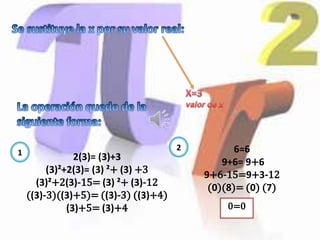 1
2(3)= (3)+3
(3)²+2(3)= (3) ²+ (3) +3
(3)²+2(3)-15= (3) ²+ (3)-12
((3)-3)((3)+5)= ((3)-3) ((3)+4)
(3)+5= (3)+4
2
0=0
6=6
9+6= 9+6
9+6-15=9+3-12
(0)(8)= (0) (7)