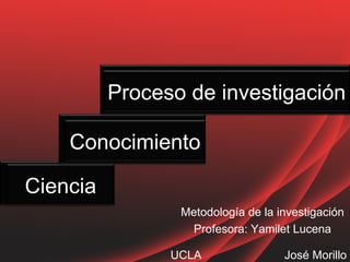 Proceso de investigación

    Conocimiento

Ciencia
                 Metodología de la investigación
                  Profesora: Yamilet Lucena

                UCLA                José Morillo
 