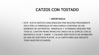 CATZOS CON TOSTADO
• IMPORTANCIA
• ESTE PLATO EXÓTICO DESCONOCIDO POR MUCHOS PROVENIENTE
SOLO POR LA PARROQUIA DE MALCHING...