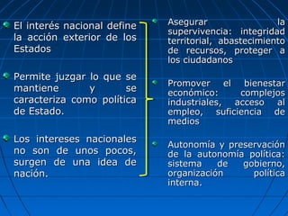 El interés nacional define   Asegurar                 la
                             supervivencia: integridad
la acción exterior de los    territorial, abastecimiento
Estados                      de recursos, proteger a
                             los ciudadanos
Permite juzgar lo que se
                             Promover el bienestar
mantiene       y       se    económico:     complejos
caracteriza como política    industriales, acceso al
de Estado.                   empleo, suficiencia de
                             medios

Los intereses nacionales
                             Autonomía y preservación
no son de unos pocos,        de la autonomía política:
surgen de una idea de        sistema    de  gobierno,
nación.                      organización     política
                             interna.
 