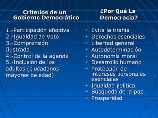 Criterios de un                ¿Por Qué La
  Gobierno Democrático             Democracia?

1.-Participación efectiva      Evita la tiranía
2.-Igualdad de Voto            Derechos esenciales
3.-Comprensión                 Libertad general
Ilustrada                      Autodeterminación
4.-Control de la agenda        Autonomía moral
5.-Inclusión de los            Desarrollo humano
adultos (ciudadanos            Protección de
mayores de edad)                intereses personales
                                esenciales
                               Igualdad política
                               Búsqueda de la paz
                               Prosperidad
 