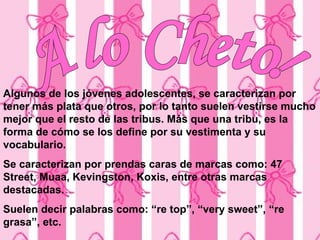 A lo Cheto! Algunos de los jóvenes adolescentes, se caracterizan por tener más plata que otros, por lo tanto suelen vestirse mucho mejor que el resto de las tribus. Más que una tribu, es la forma de cómo se los define por su vestimenta y su vocabulario. Se caracterizan por prendas caras de marcas como: 47 Street, Muaa, Kevingston, Koxis, entre otras marcas destacadas.  Suelen decir palabras como: “re top”, “very sweet”, “re grasa”, etc.  