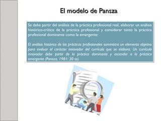 Se debe partir del análisis de la práctica profesional real, elaborar un análisis
histórico-crítico de la práctica profesional y considerar tanto la práctica
profesional dominante como la emergente:
El análisis histórico de las prácticas profesionales suministra un elemento objetivo
para evaluar el carácter innovador del currículo que se elabora. Un currículo
innovador debe partir de la práctica dominante y ascender a la práctica
emergente (Pansza, 1981: 30 ss).
Se debe partir del análisis de la práctica profesional real, elaborar un análisis
histórico-crítico de la práctica profesional y considerar tanto la práctica
profesional dominante como la emergente:
El análisis histórico de las prácticas profesionales suministra un elemento objetivo
para evaluar el carácter innovador del currículo que se elabora. Un currículo
innovador debe partir de la práctica dominante y ascender a la práctica
emergente (Pansza, 1981: 30 ss).
El modelo de PanszaEl modelo de Pansza
 