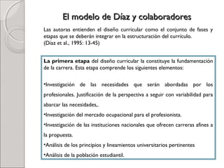 El modelo de Díaz y colaboradoresEl modelo de Díaz y colaboradores
Las autoras entienden el diseño curricular como el conjunto de fases y
etapas que se deberán integrar en la estructuración del currículo.
(Díaz et al., 1995: 13-45)
La primera etapa del diseño curricular la constituye la fundamentación
de la carrera. Esta etapa comprende los siguientes elementos:
•Investigación de las necesidades que serán abordadas por los
profesionales. Justificación de la perspectiva a seguir con variabilidad para
abarcar las necesidades,.
•Investigación del mercado ocupacional para el profesionista.
•Investigación de las instituciones nacionales que ofrecen carreras afines a
la propuesta.
•Análisis de los principios y lineamientos universitarios pertinentes
•Análisis de la población estudiantil.
 