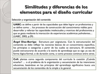 Similitudes y diferencias de losSimilitudes y diferencias de los
elementos para el diseño curricularelementos para el diseño curricular
UABC: se define a partir de las capacidades que debe lograr un profesionista y
se define como: ... los procesos de construcción del conocimiento viables para
desarrollar y reforzar las capacidades intelectuales y motrices del profesionista y
que se gesta mediante la interacción de experiencias académicas polivalentes....
(UABC, 2002, p.29) .
Selección y organización del contenidoSelección y organización del contenido
Ángel Díaz-Barriga: Estructura por asignaturas. Con la estructuración del
contenido se debe reflejar las nociones básicas de un conocimiento específico,
los principios o categorías a partir de los cuales se estructura. EI contenido
puede estructurarse de acuerdo a la teoría de aprendizaje que se siga: ya sea de
forma lógica-formal, o de duración corta, o como proceso continuo entre otros.
Coll: plantea como segundo componente del currículo la cuestión ¿Cuándo
enseñar? … o el problema de la organización y secuenciación de las intenciones
educativas, basándose en los principios del aprendizaje significativo busca una
secuenciación de los contenidos de lo simple a lo general.
 