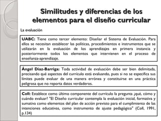 Similitudes y diferencias de losSimilitudes y diferencias de los
elementos para el diseño curricularelementos para el diseño curricular
UABC: Tiene como tercer elemento: Diseñar el Sistema de Evaluación. Para
ellos se necesitan establecer las políticas, procedimientos e instrumentos que se
utilizarán en la evaluación de los aprendizajes en primera instancia y
posteriormente todos los elementos que intervienen en el proceso de
enseñanza-aprendizaje.
La evaluaciónLa evaluación
Ángel Díaz-Barriga: Toda actividad de evaluación debe ser bien delimitada,
precisando qué aspectos del currículo está evaluando, pues si no se especifica sus
límites puede evaluar de una manera errónea y constituirse en una práctica
peligrosa que no reporta datos verdaderos.
Coll: Establece como último componente del currículo la pregunta ¿qué, cómo y
cuándo evaluar? "El Diseño curricular contempla la evaluación inicial, formativa y
sumativa como elementos del plan de acción previsto para el cumplimiento de las
intenciones educativas, como instrumento de ajuste pedagógico" (Coll, 1991,
p.134)
 