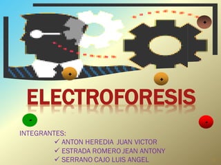 ELECTROFORESIS
+
+
- -
+
INTEGRANTES:
 ANTON HEREDIA JUAN VICTOR
 ESTRADA ROMERO JEAN ANTONY
 SERRANO CAJO LUIS ANGEL 1
 